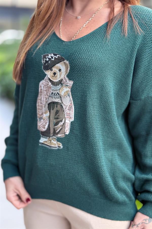 Teddy V Yaka Triko Nefti Yeşil Renk