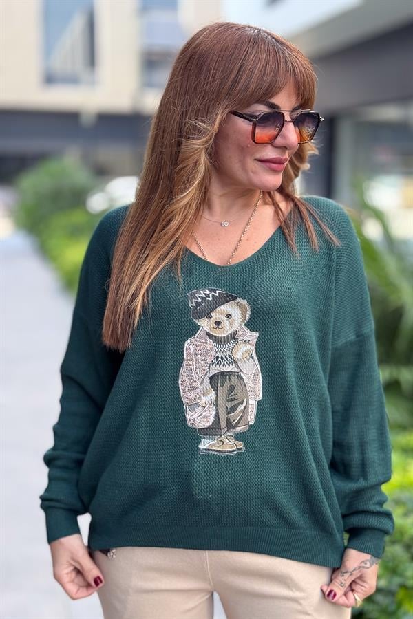 Teddy V Yaka Triko Nefti Yeşil Renk