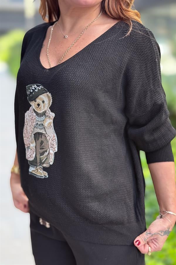 Teddy V Yaka Triko Siyah Renk