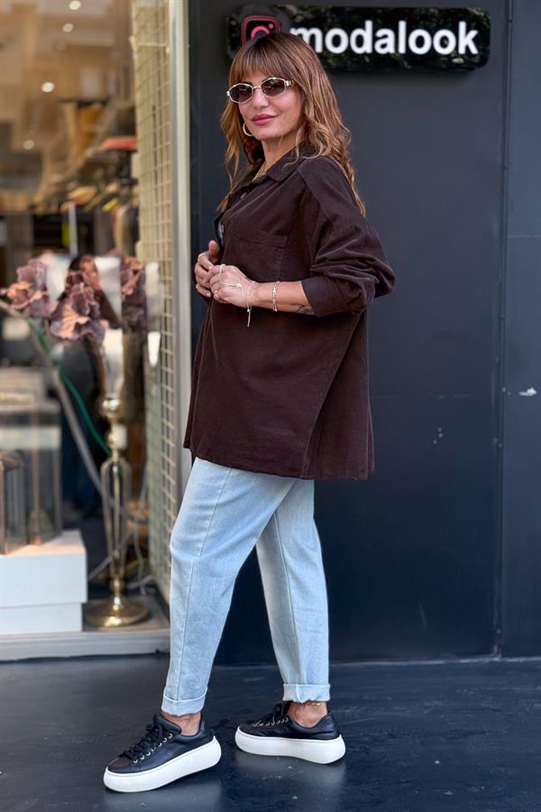 Tek Cepli Kadife Gömlek Acı Kahve Renk