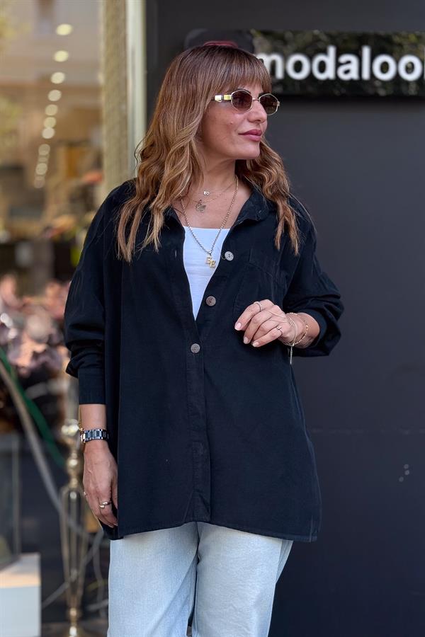 Tek Cepli Kadife Gömlek Siyah Renk