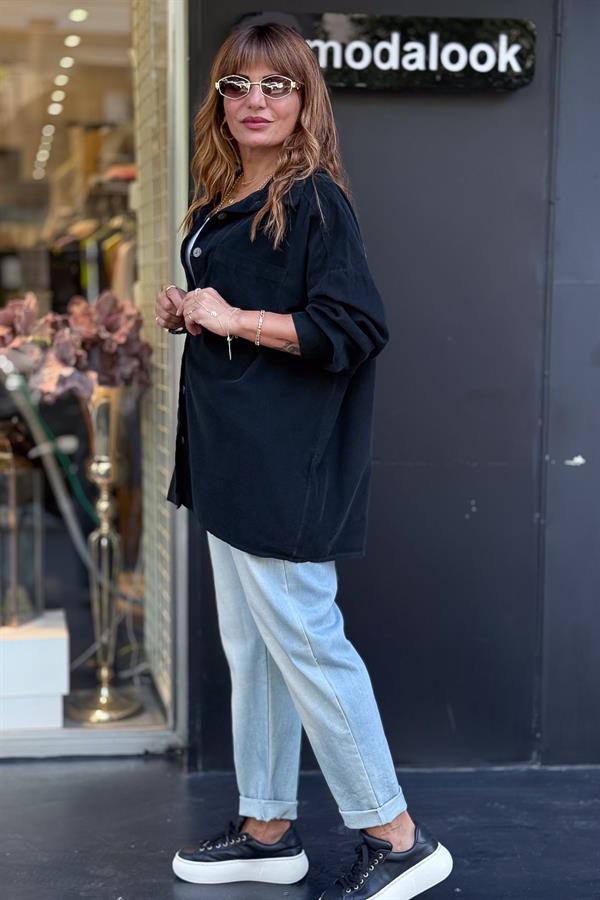 Tek Cepli Kadife Gömlek Siyah Renk