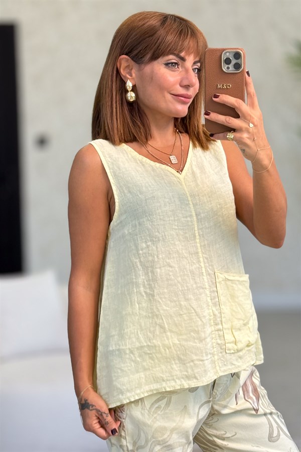 Tek Cepli V Yaka Kolsuz Keten Bluz Sarı Renk
