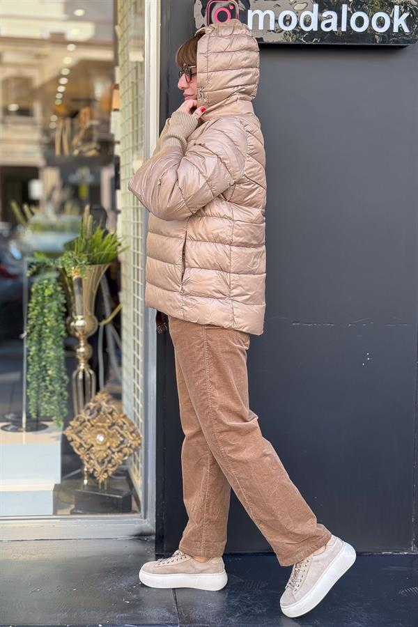 Triko Kol Detaylı Şişme Mont Camel Renk