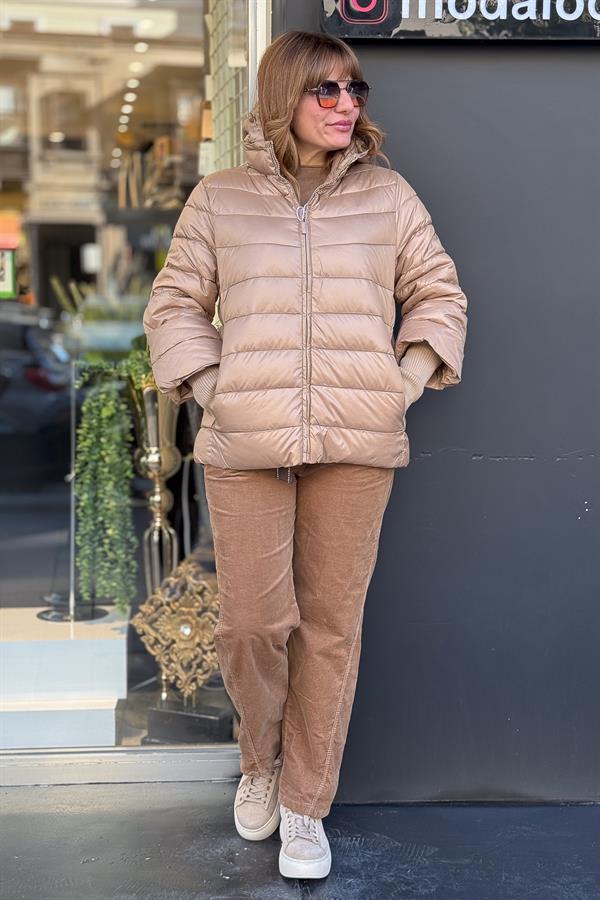 Triko Kol Detaylı Şişme Mont Camel Renk