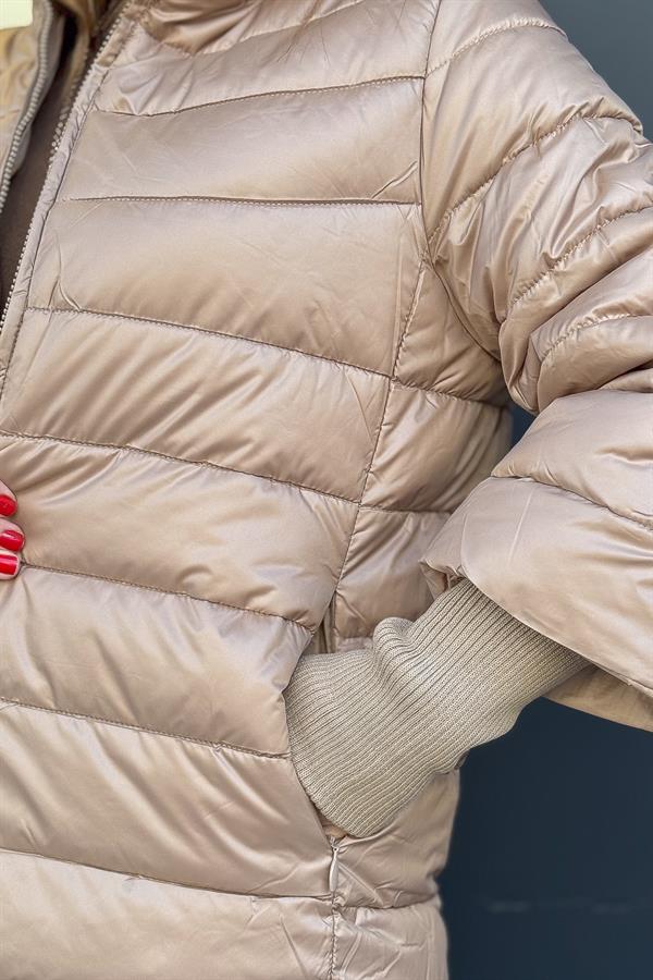 Triko Kol Detaylı Şişme Mont Camel Renk