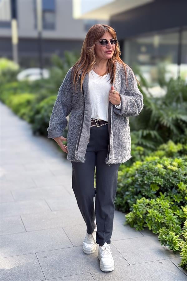 Tüylü Fermuarlı Ceket Antresit Renk