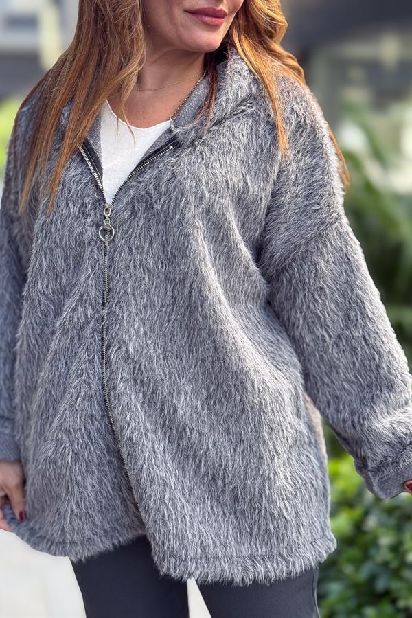 Tüylü Fermuarlı Ceket Antresit Renk
