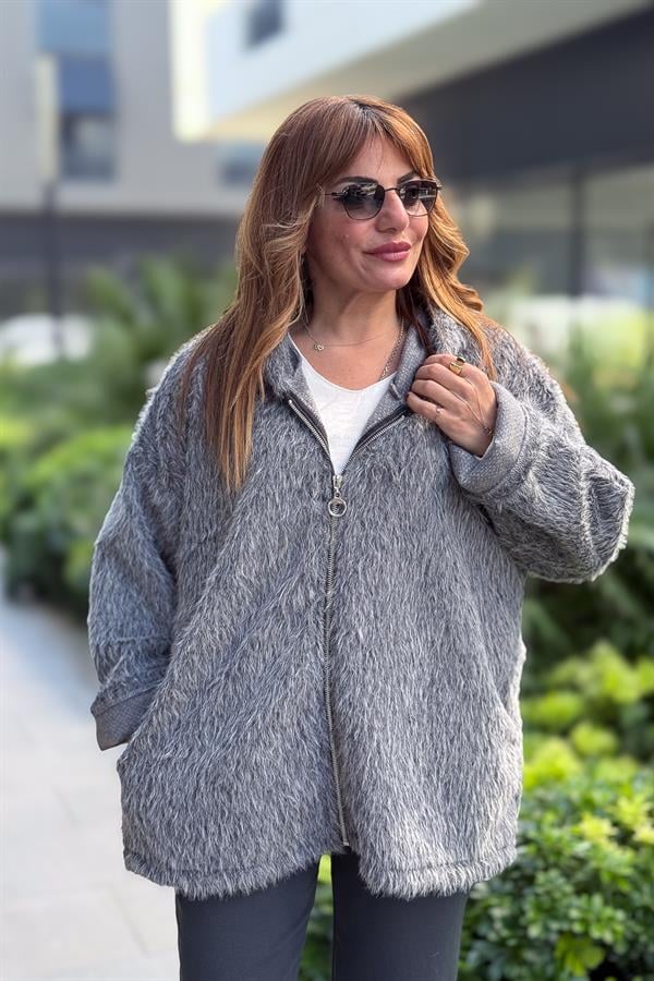 Tüylü Fermuarlı Ceket Antresit Renk