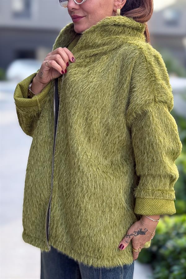Tüylü Fermuarlı Ceket Fıstık Yeşil Renk