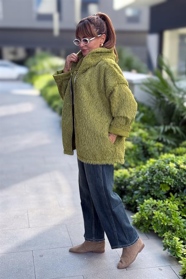 Tüylü Fermuarlı Ceket Fıstık Yeşil Renk