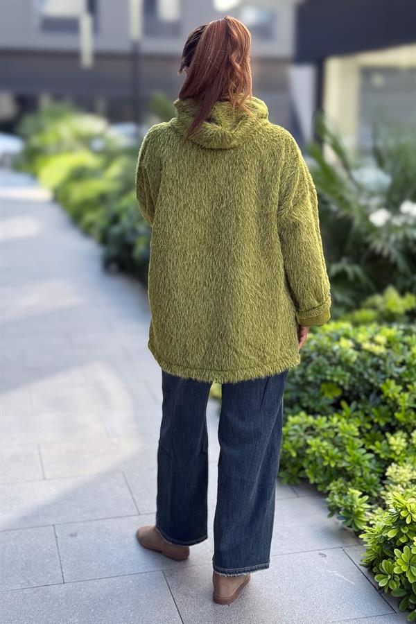 Tüylü Fermuarlı Ceket Fıstık Yeşil Renk