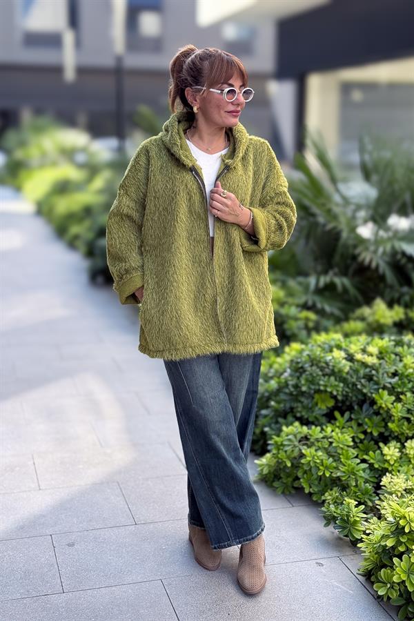 Tüylü Fermuarlı Ceket Fıstık Yeşil Renk