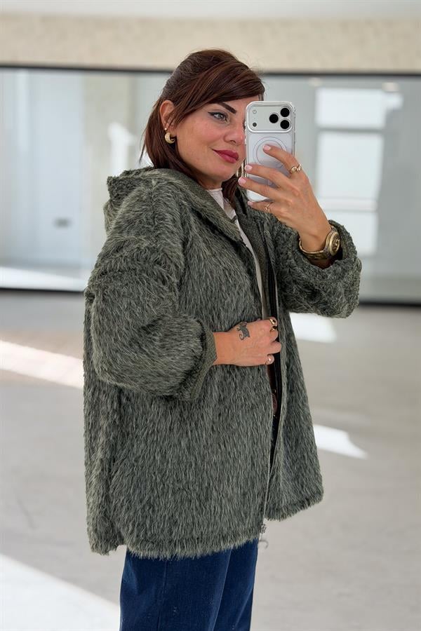 Tüylü Fermuarlı Ceket Haki Renk