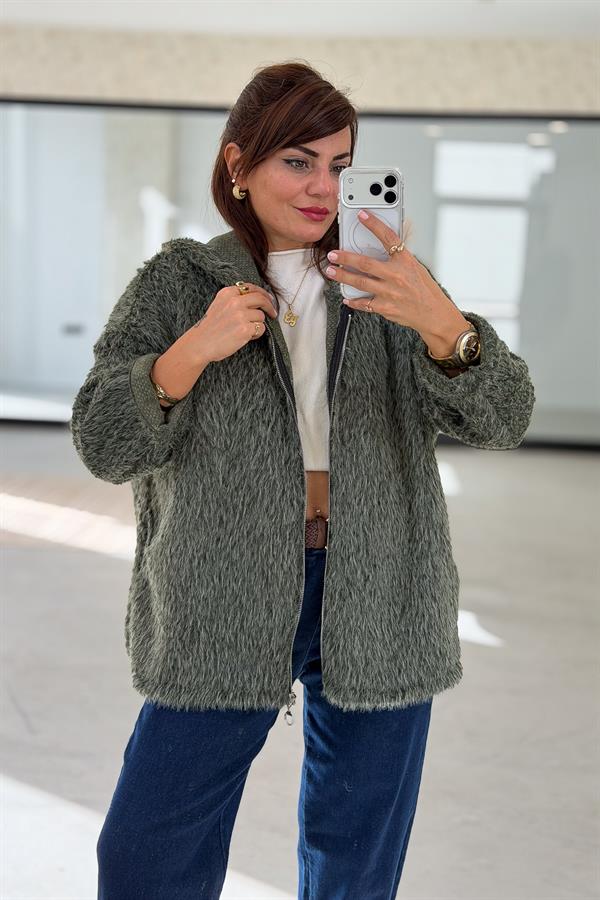 Tüylü Fermuarlı Ceket Haki Renk