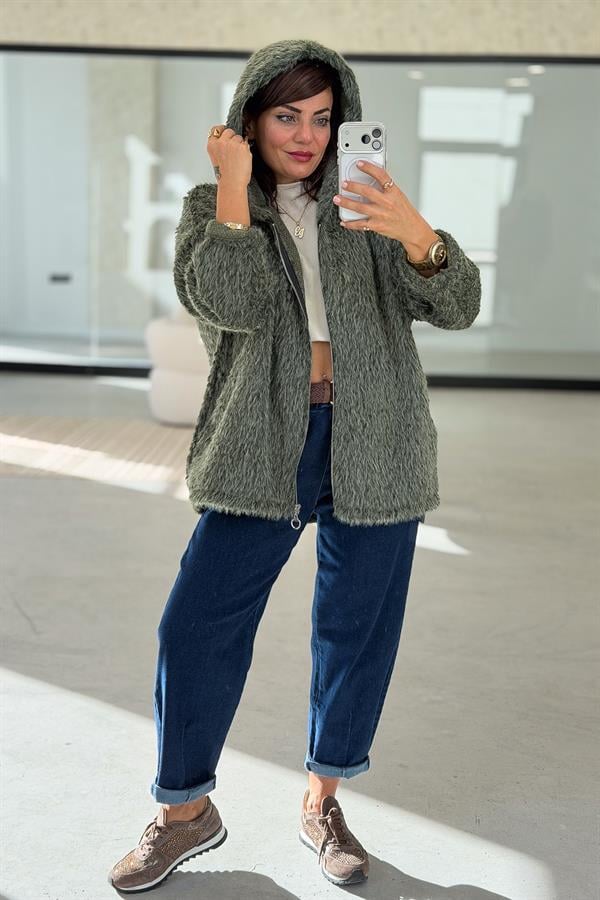 Tüylü Fermuarlı Ceket Haki Renk