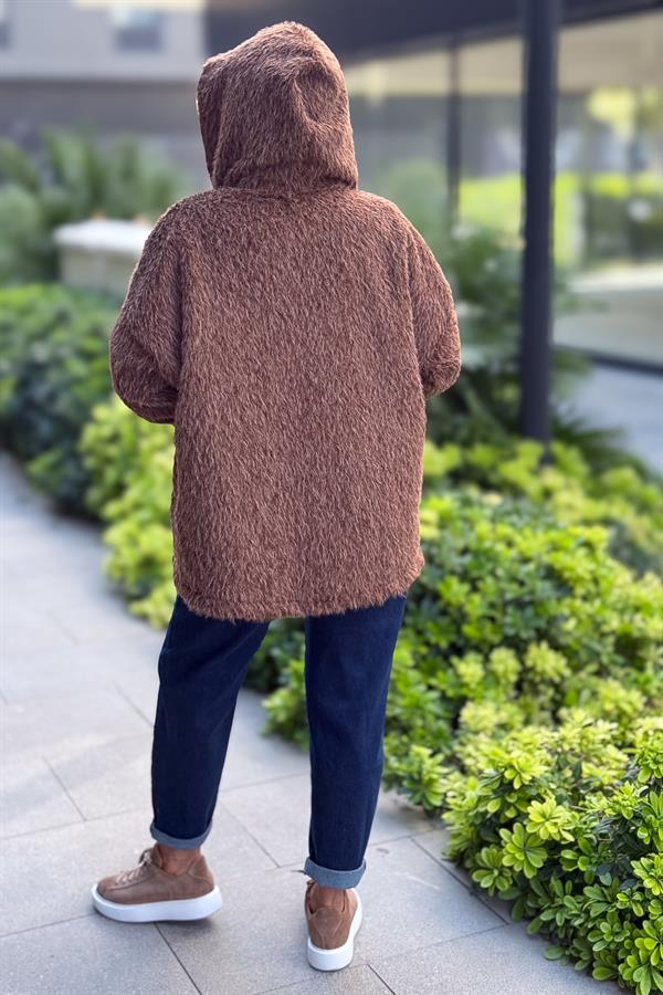 Tüylü Fermuarlı Ceket Kahverengi Renk