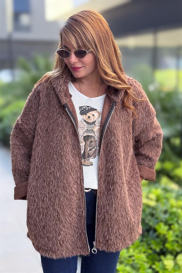 Tüylü Fermuarlı Ceket Kahverengi Renk