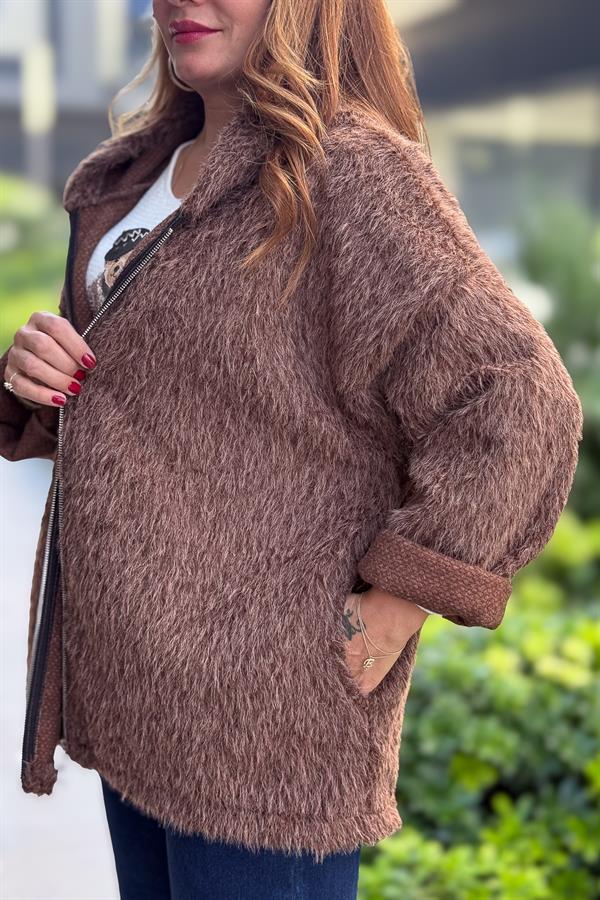 Tüylü Fermuarlı Ceket Kahverengi Renk
