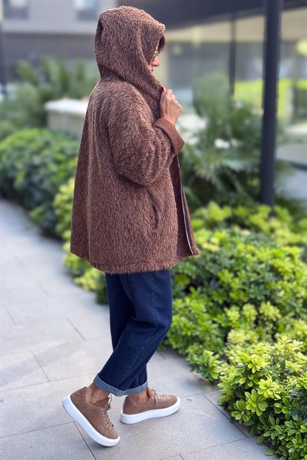 Tüylü Fermuarlı Ceket Kahverengi Renk