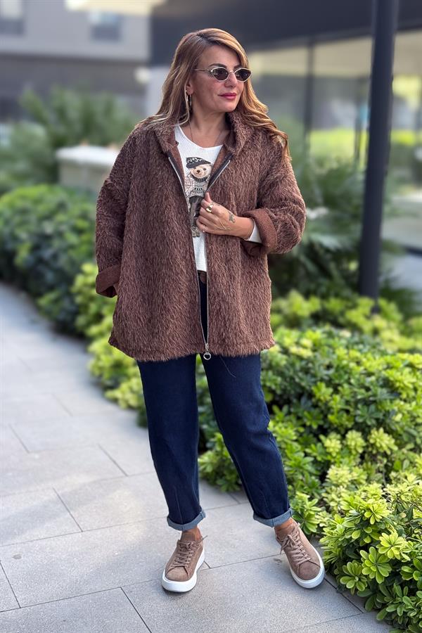 Tüylü Fermuarlı Ceket Kahverengi Renk