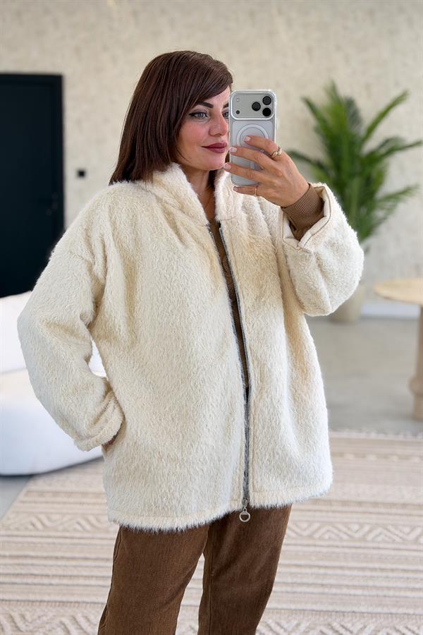 Tüylü Fermuarlı Ceket Krem Renk