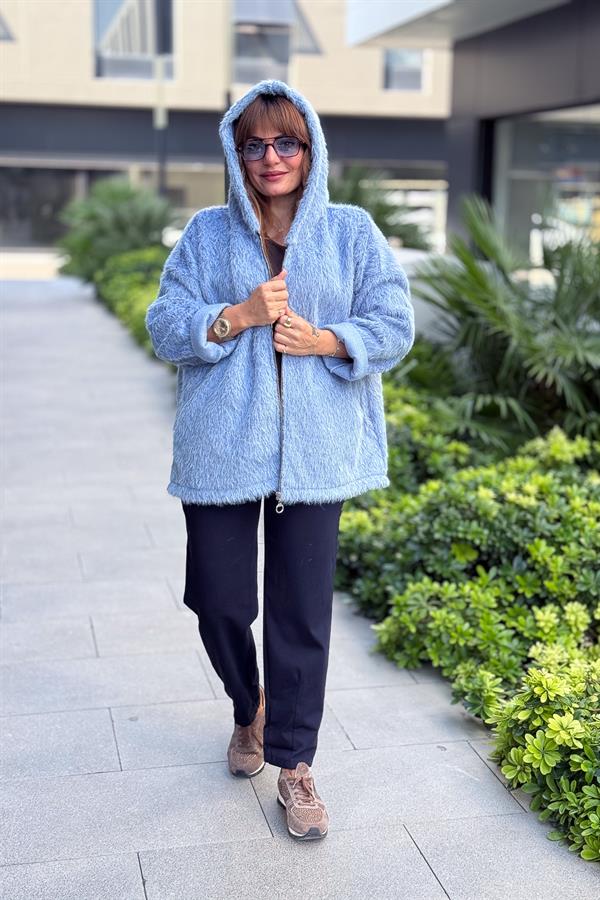 Tüylü Fermuarlı Ceket Mavi Renk