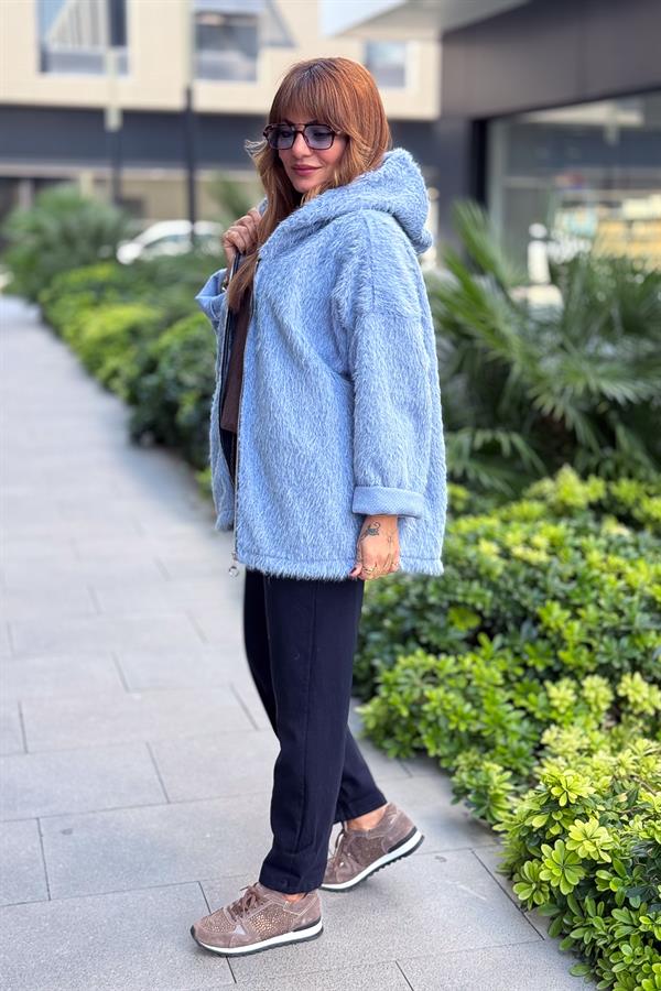 Tüylü Fermuarlı Ceket Mavi Renk