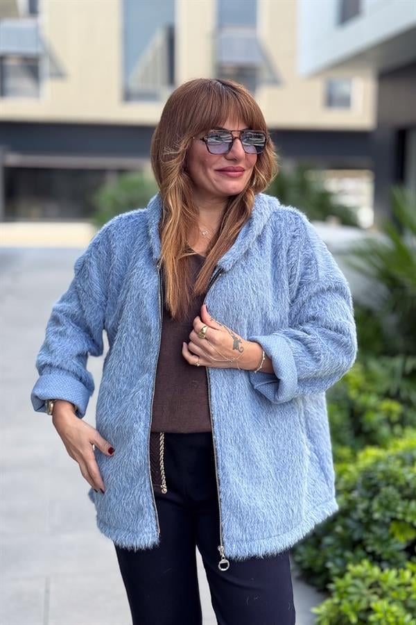 Tüylü Fermuarlı Ceket Mavi Renk