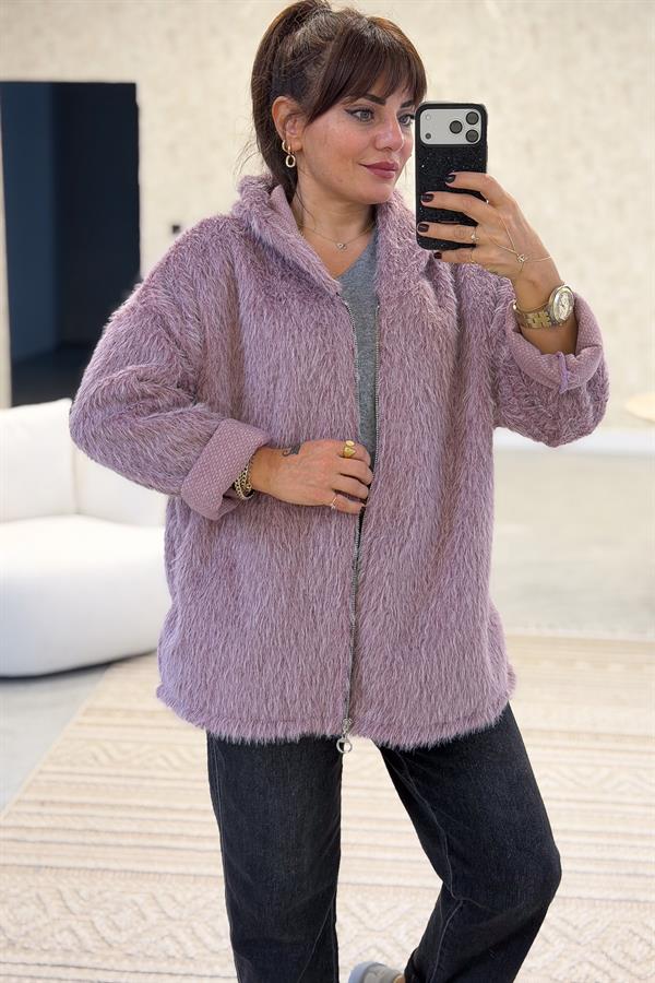 Tüylü Fermuarlı Ceket Pudra Renk