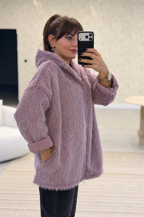 Tüylü Fermuarlı Ceket Pudra Renk