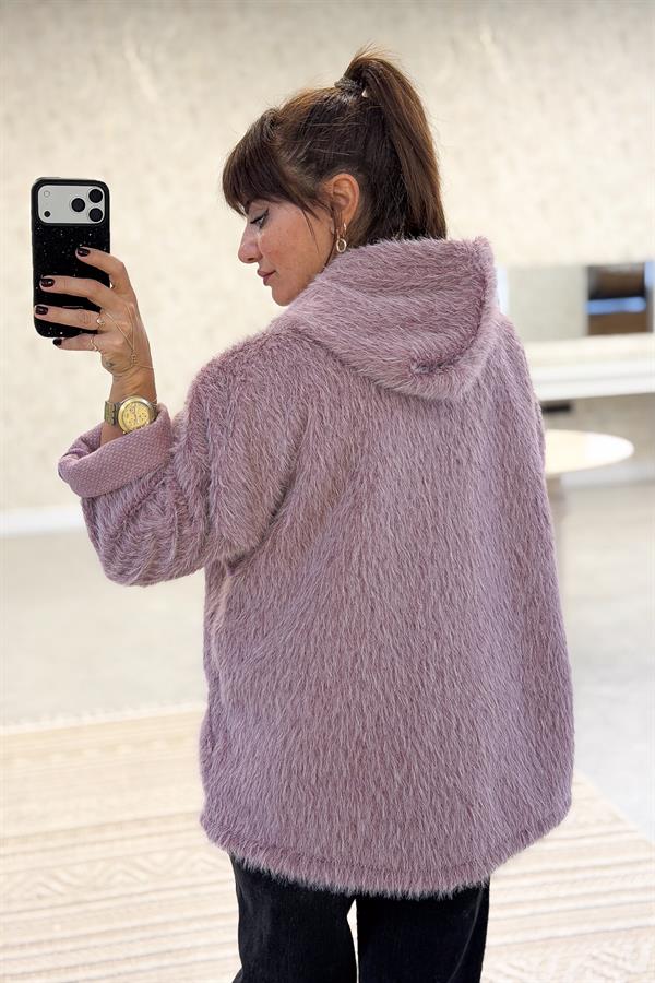 Tüylü Fermuarlı Ceket Pudra Renk