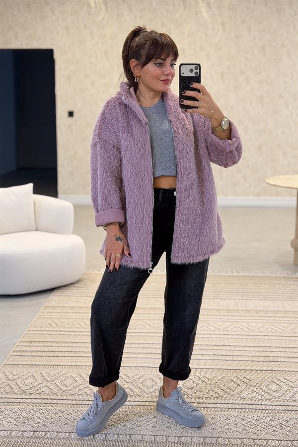 Tüylü Fermuarlı Ceket Pudra Renk