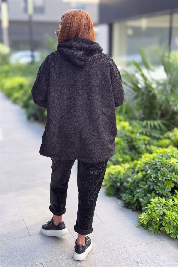 Tüylü Fermuarlı Ceket Siyah Renk