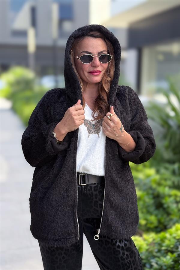 Tüylü Fermuarlı Ceket Siyah Renk