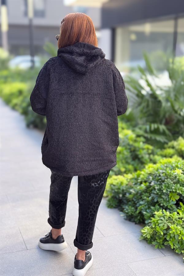 Tüylü Fermuarlı Ceket Siyah Renk