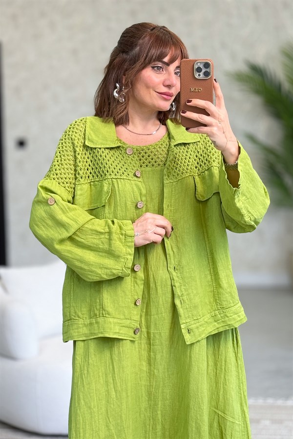 Üst Kısımları Fileli Elbise Ve Ceketli Keten Takım Fıstık Yeşil Renk