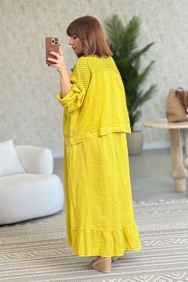 Üst Kısımları Fileli Elbise Ve Ceketli Keten Takım Hardal Renk