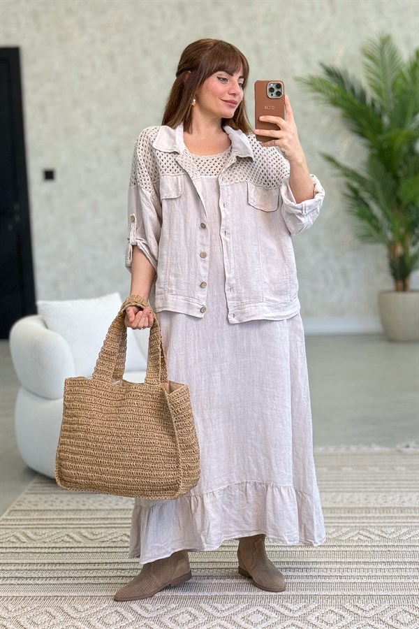 Üst Kısımları Fileli Elbise Ve Ceketli Keten Takım Bej Renk