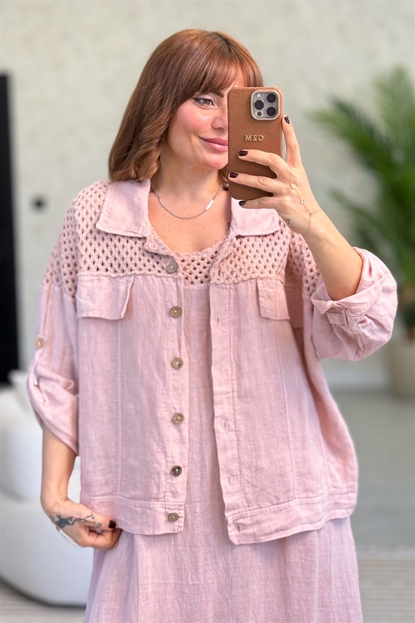 Üst Kısımları Fileli Elbise Ve Ceketli Keten Takım Pudra Renk