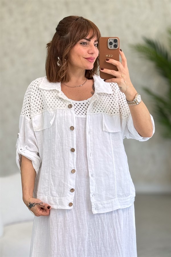 Üst Kısımları Fileli Elbise Ve Ceketli Keten Takım Beyaz Renk