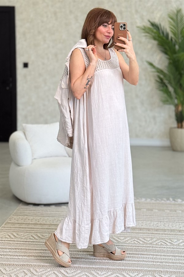 Üst Kısımları Fileli Elbise Ve Ceketli Keten Takım Açık Bej Renk