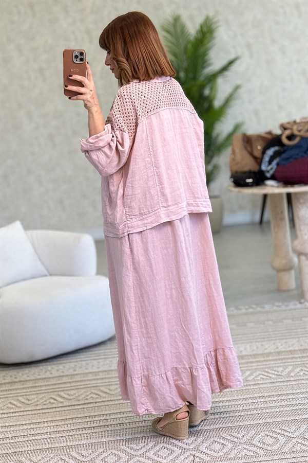 Üst Kısımları Fileli Elbise Ve Ceketli Keten Takım Pudra Renk