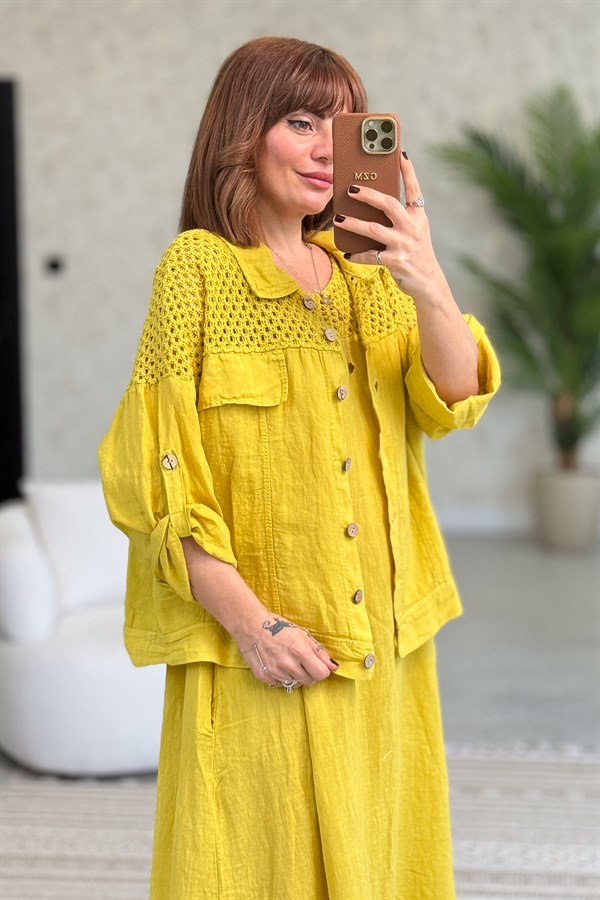 Üst Kısımları Fileli Elbise Ve Ceketli Keten Takım Hardal Renk