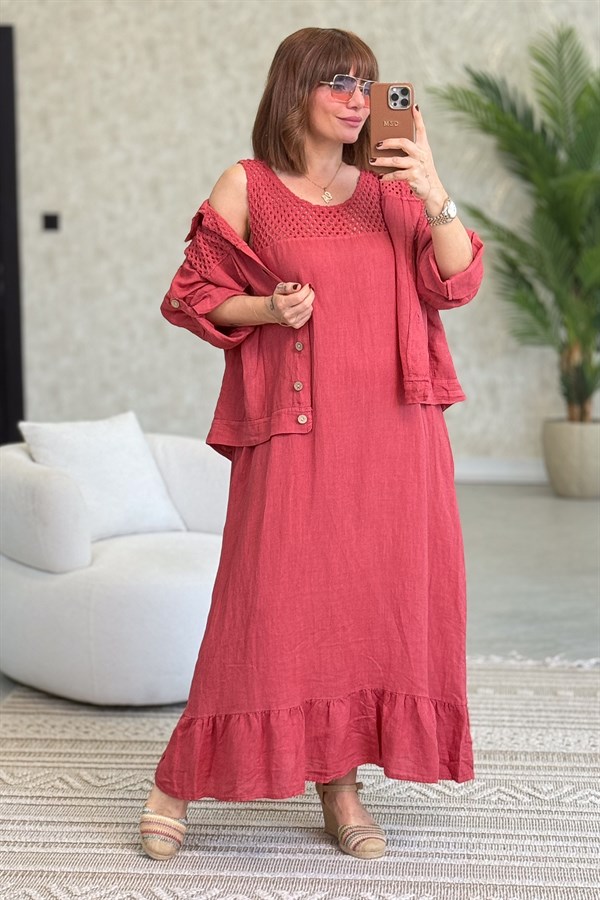 Üst Kısımları Fileli Elbise Ve Ceketli Keten Takım Kiremit Renk