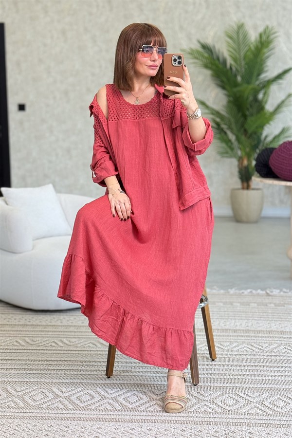 Üst Kısımları Fileli Elbise Ve Ceketli Keten Takım Kiremit Renk