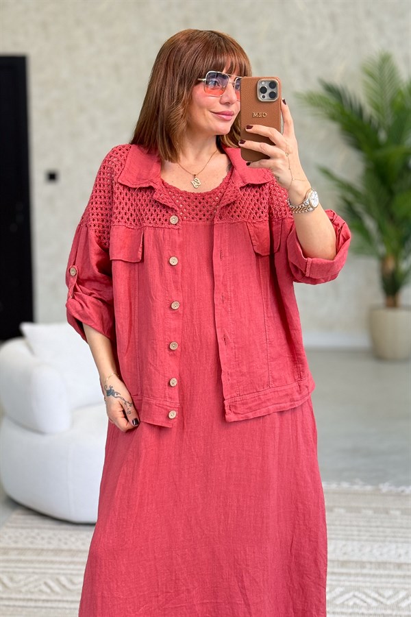 Üst Kısımları Fileli Elbise Ve Ceketli Keten Takım Kiremit Renk