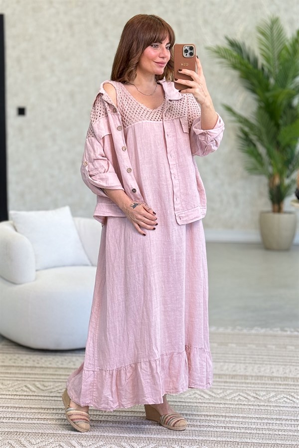 Üst Kısımları Fileli Elbise Ve Ceketli Keten Takım Pudra Renk