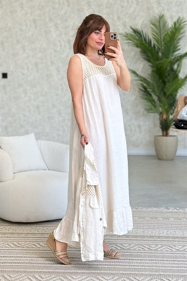 Üst Kısımları Fileli Elbise Ve Ceketli Keten Takım Krem Renk