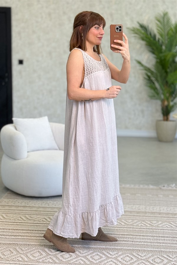 Üst Kısımları Fileli Elbise Ve Ceketli Keten Takım Bej Renk